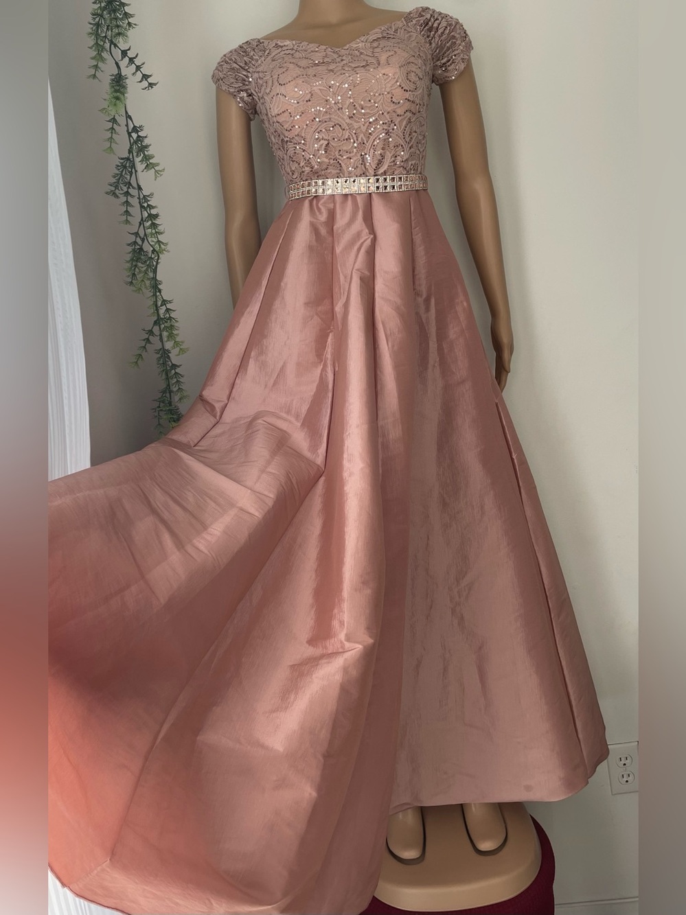 Elegant Rose Pink Lace A-Line Evening Dress - Picture 4 of 10